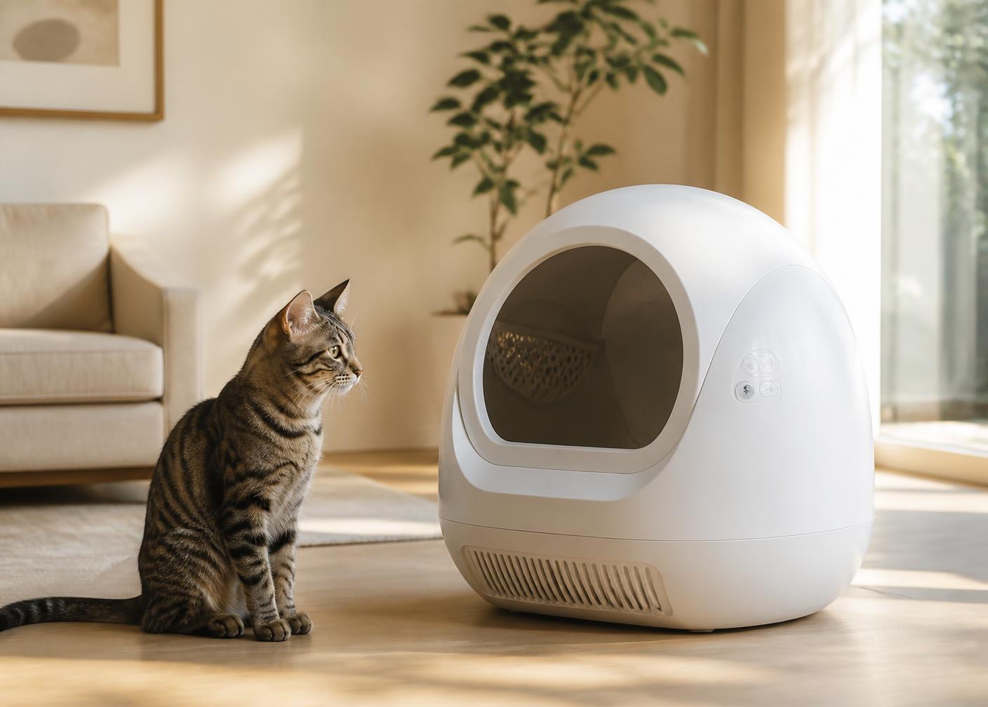 Self-cleaning litter box in a bright living room with a tabby cat sitting beside it