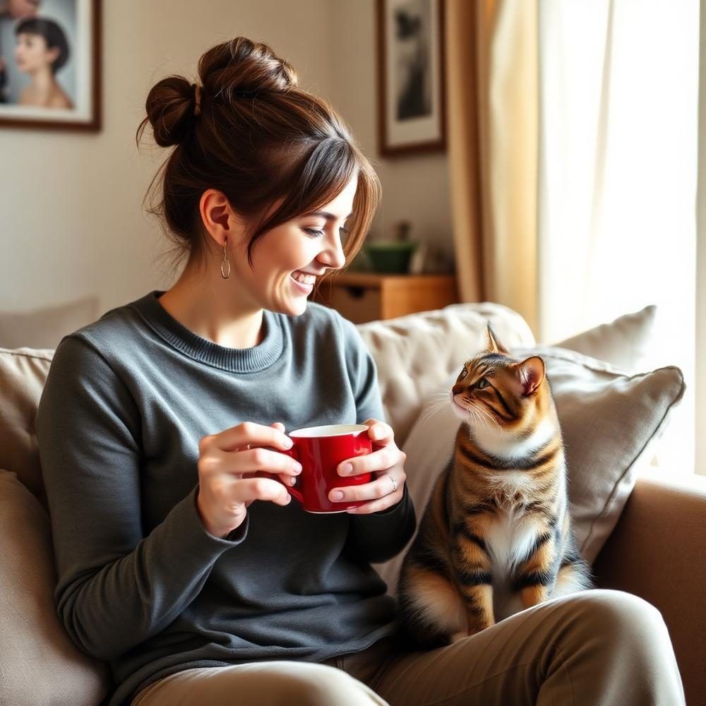 Cat parent relaxing on the couch with her cat