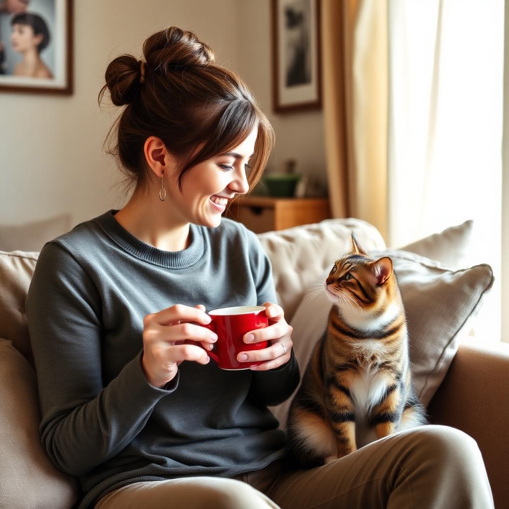 Pet parent relaxing on the couch with her cat