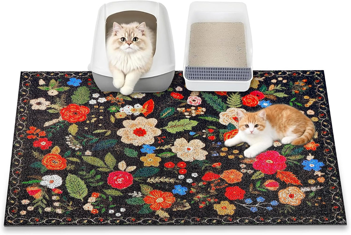 Cat Litter Mat, 24" X 16" Litter Box Mat, Traps 100% Litter, Non-Slip Kitty Litter Trapping Mats, Small Cute Litter Mat, Easy Clean for Scatter Control, Bohe Cat Food Mat, Urine Waterproof