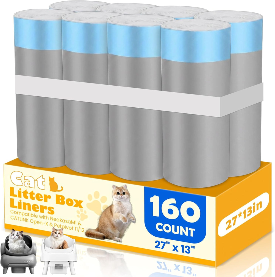 160 Count Automatic Cat Litter Box Liners Bags 27"X13" Drawstring Handle