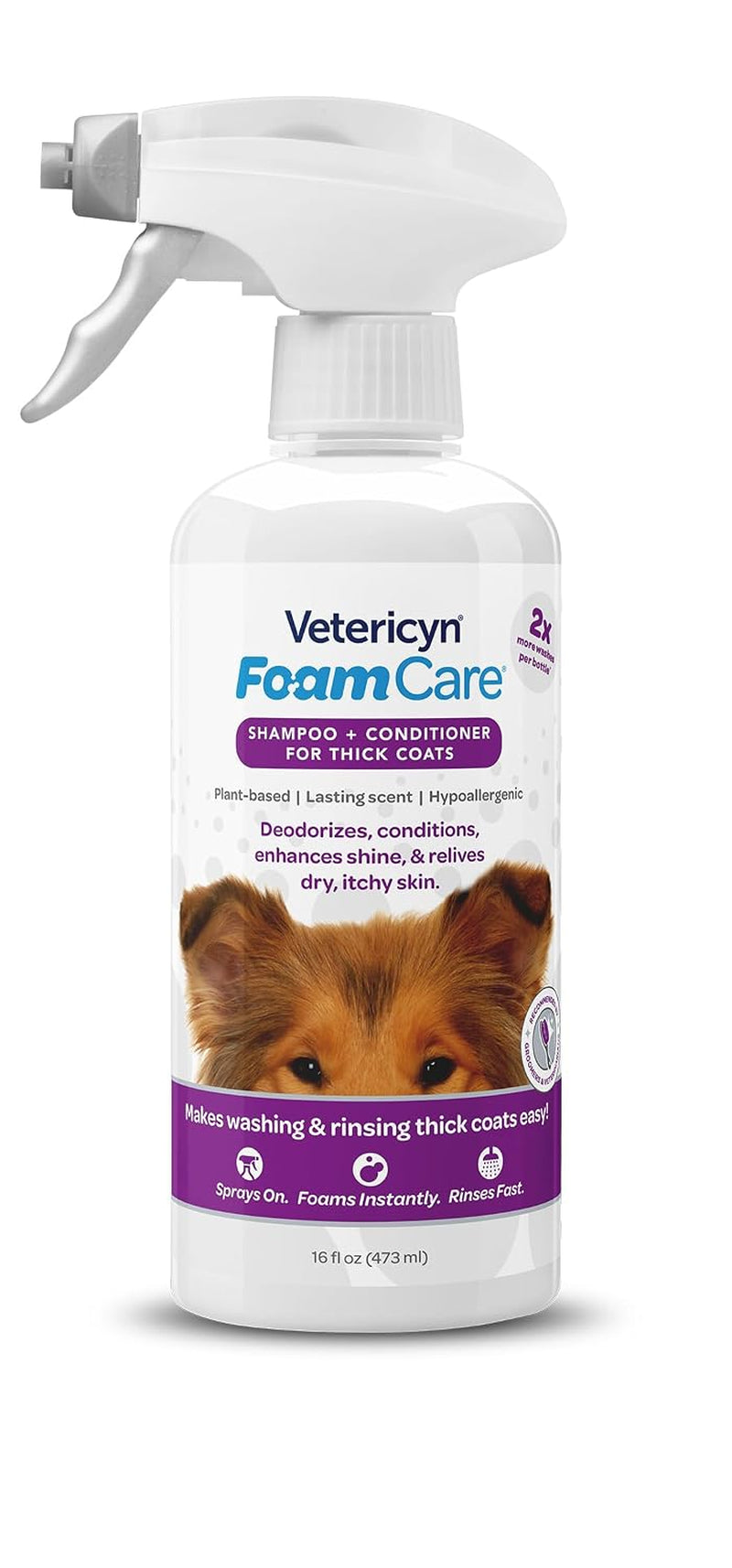 Foamcare Dog Shampoo and Conditioner - Instant Foaming, Spray-On Hypoallergenic Shampoo, Plant-Based Formula for Dogs and Cats. 16 Ounce