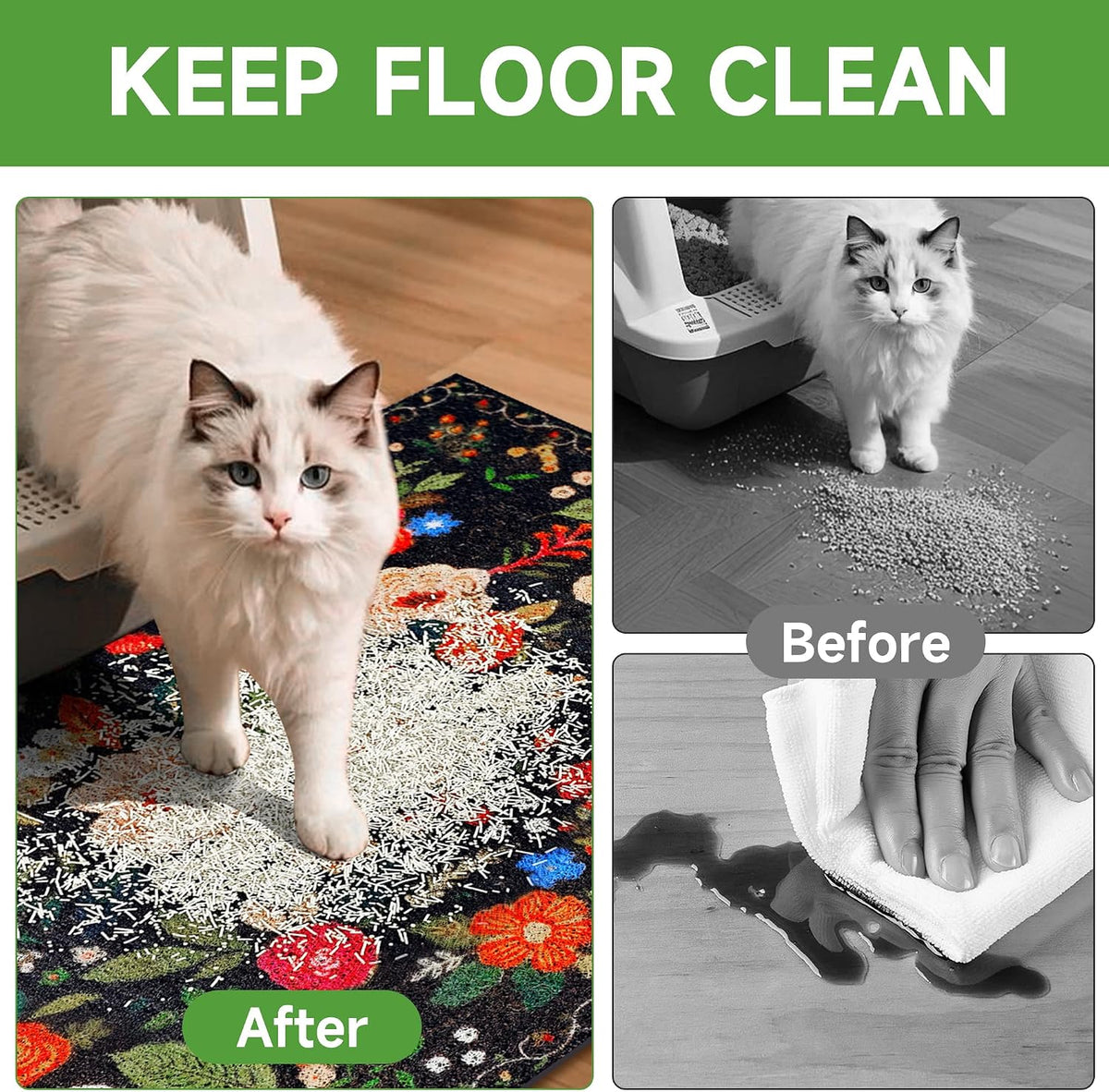 Cat Litter Mat, 24" X 16" Litter Box Mat, Traps 100% Litter, Non-Slip Kitty Litter Trapping Mats, Small Cute Litter Mat, Easy Clean for Scatter Control, Bohe Cat Food Mat, Urine Waterproof