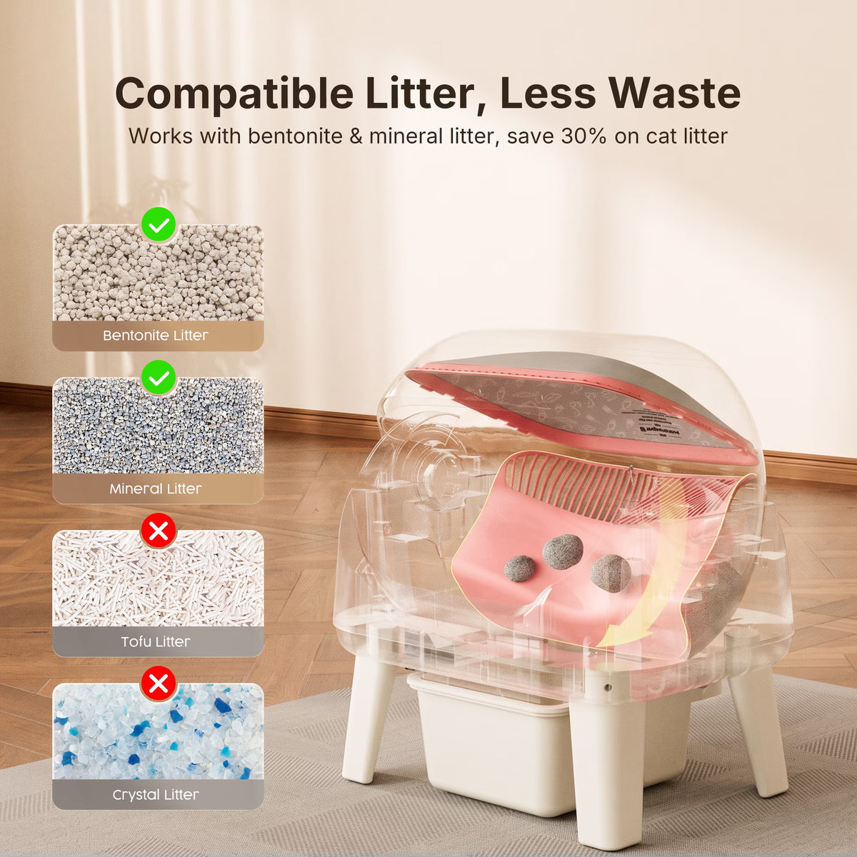 AS12 Automatic Cat Litter Box Self-Cleaning with Safety Protection, Liners, Front Entry Step Included, Pink