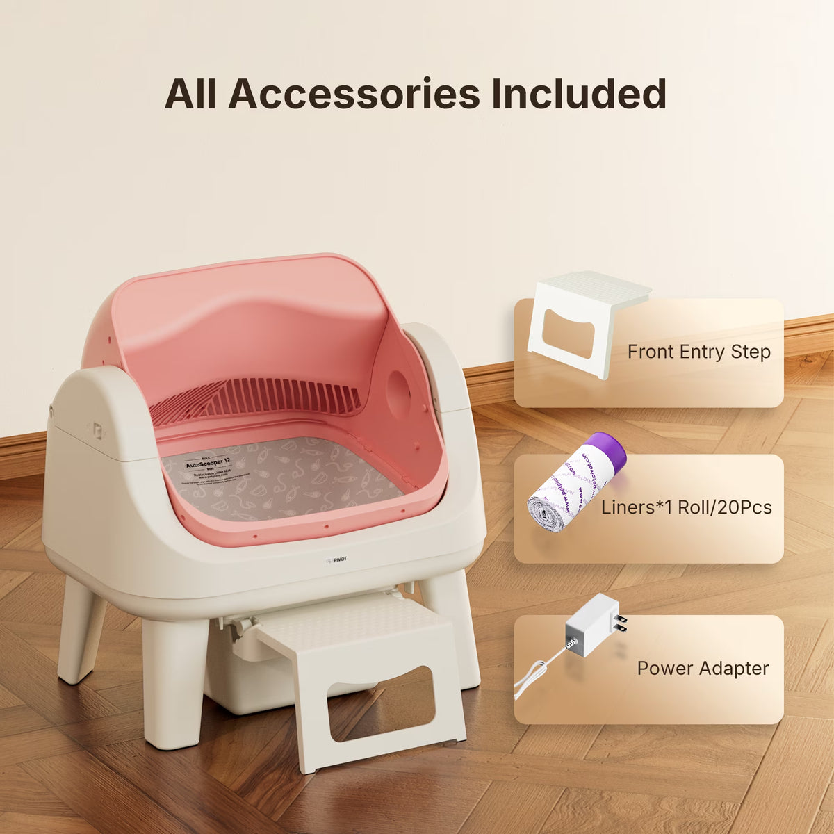 AS12 Automatic Cat Litter Box Self-Cleaning with Safety Protection, Liners, Front Entry Step Included, Pink
