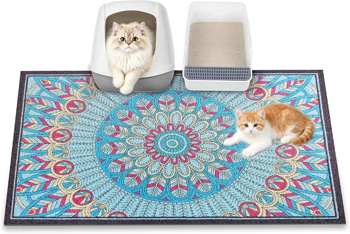 Cat Litter Mat, 24" X 16" Litter Box Mat, Traps 100% Litter, Non-Slip Kitty Litter Trapping Mats, Small Cute Litter Mat, Easy Clean for Scatter Control, Bohe Cat Food Mat, Urine Waterproof