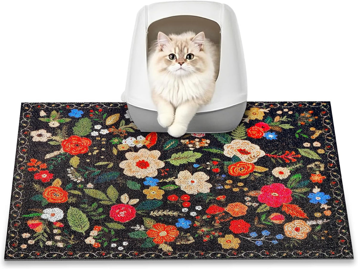 Cat Litter Mat, 24" X 16" Litter Box Mat, Traps 100% Litter, Non-Slip Kitty Litter Trapping Mats, Small Cute Litter Mat, Easy Clean for Scatter Control, Bohe Cat Food Mat, Urine Waterproof