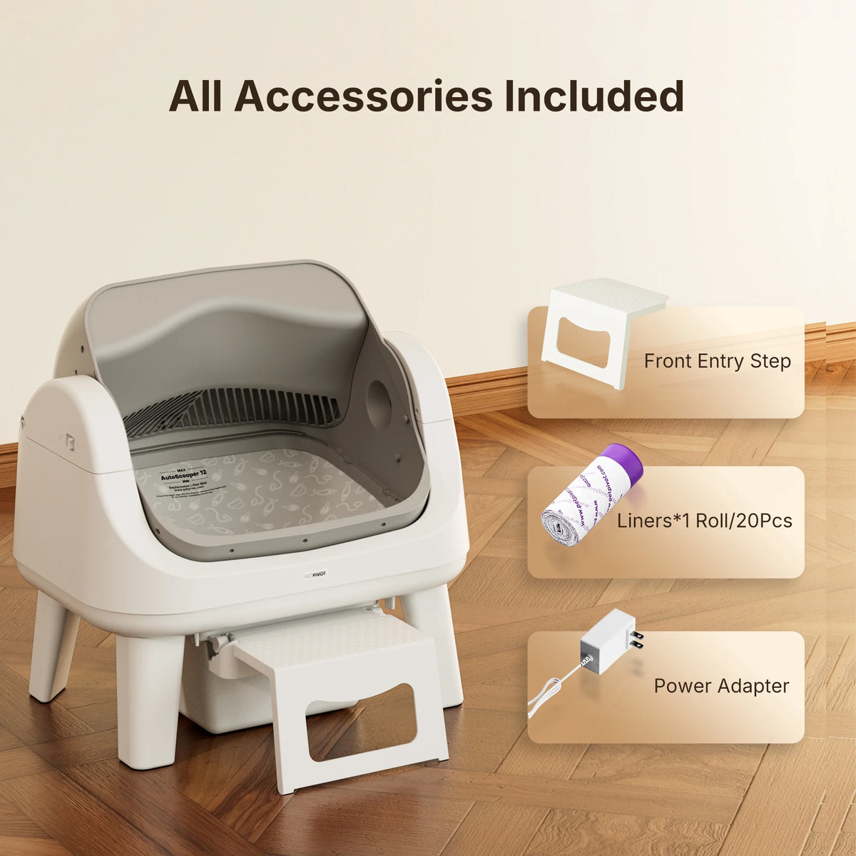 AS12 Automatic Cat Litter Box Self-Cleaning with Safety Protection, Liners, Front Entry Step Included, Grey