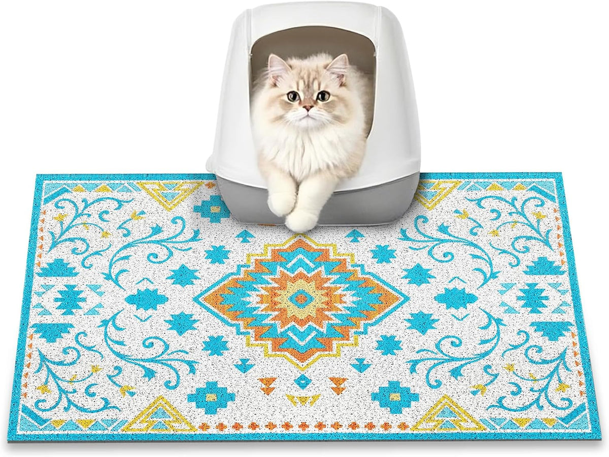 Cat Litter Mat, 24" X 16" Litter Box Mat, Traps 100% Litter, Non-Slip Kitty Litter Trapping Mats, Small Cute Litter Mat, Easy Clean for Scatter Control, Bohe Cat Food Mat, Urine Waterproof