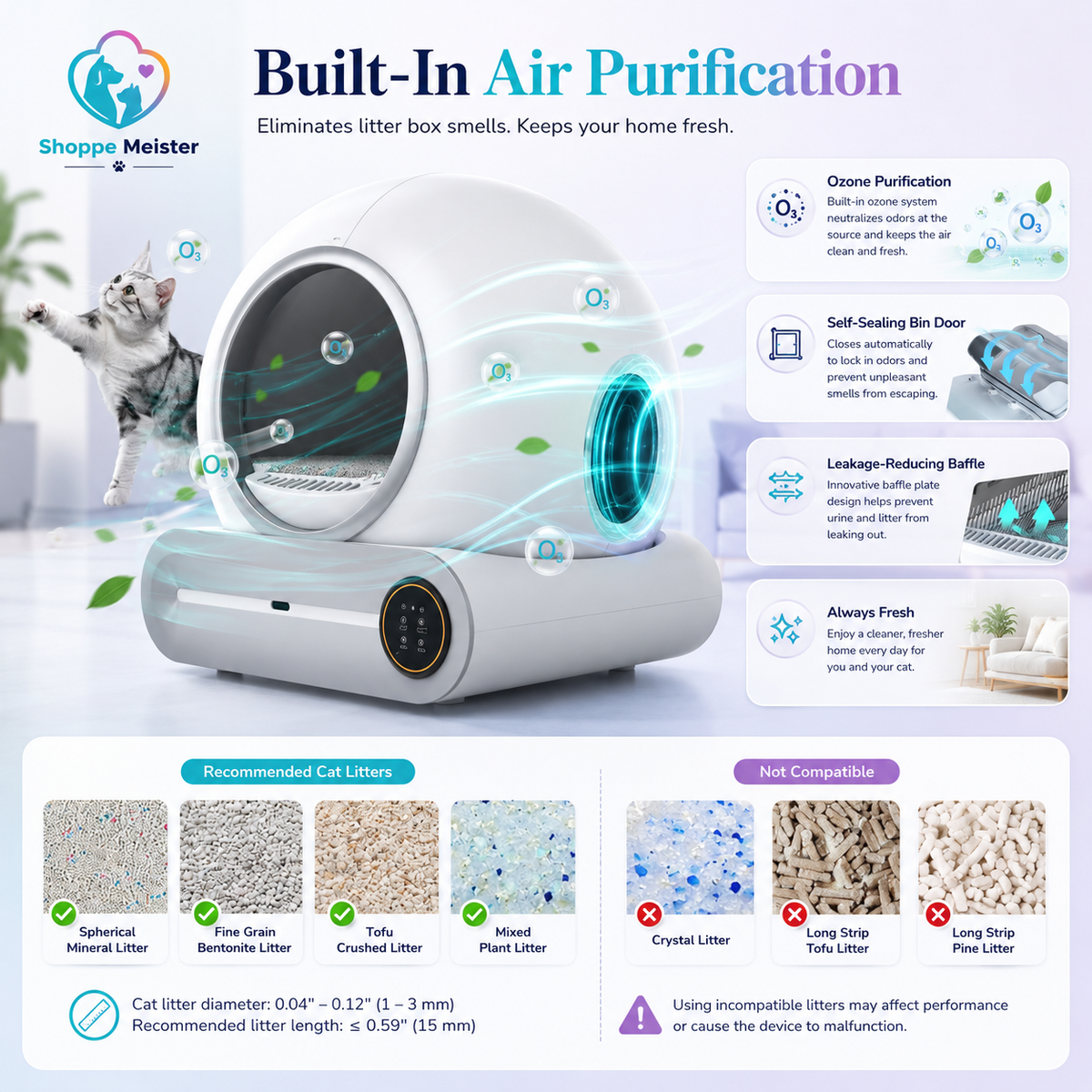 ShoppeMeister Smart Automatic Self-Cleaning Litter Box with App Control & Odor Purification