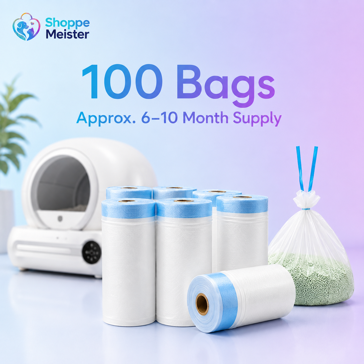 100-Count Heavy-Duty Drawstring Litter Box Waste Liners – 6–10 Month Supply