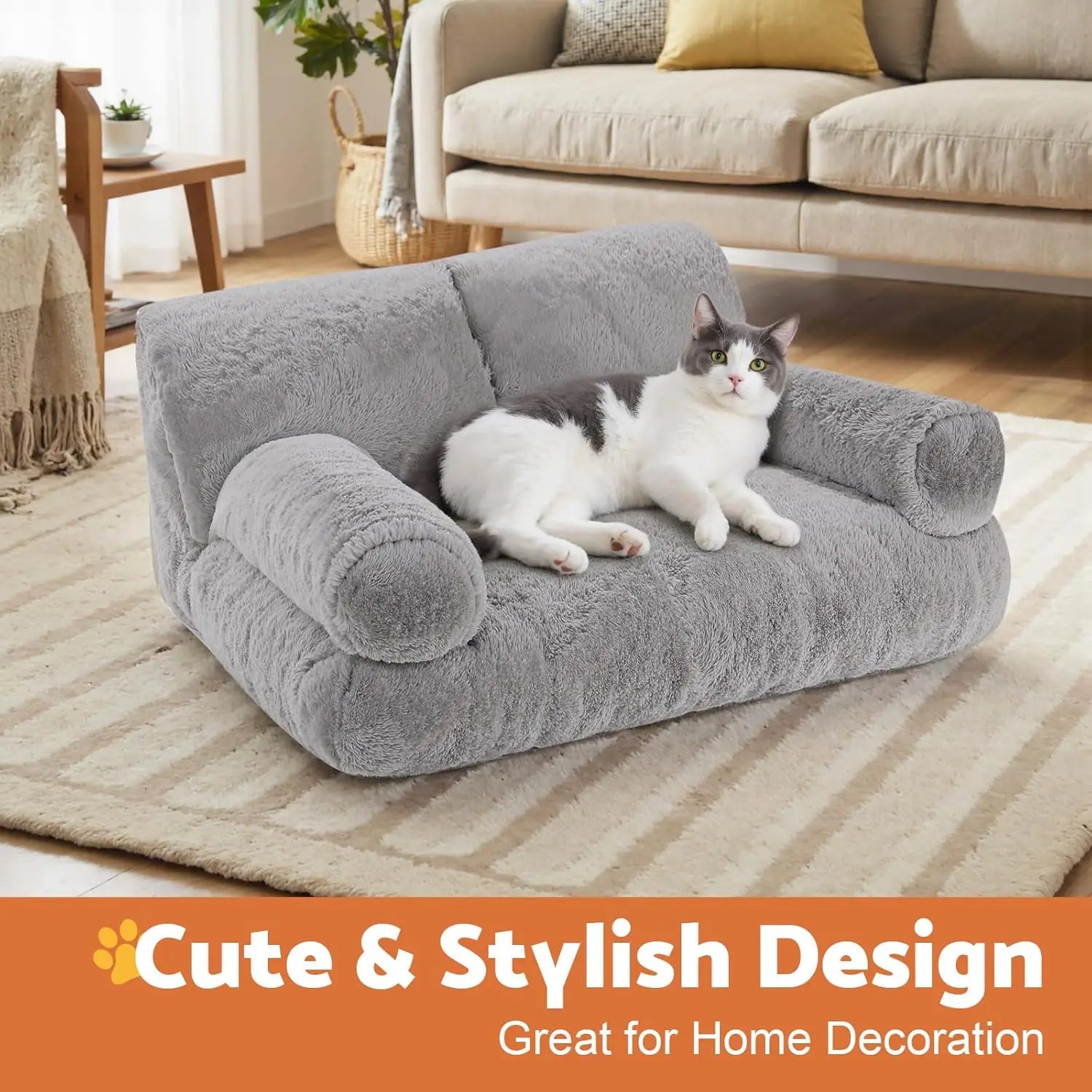 Upgrade Large Cat Bed for Indoor Cats -Added 10% More Stuff Sponge, Orthopedic Pet Couch Beds with Bolstered Edges, Fluffy