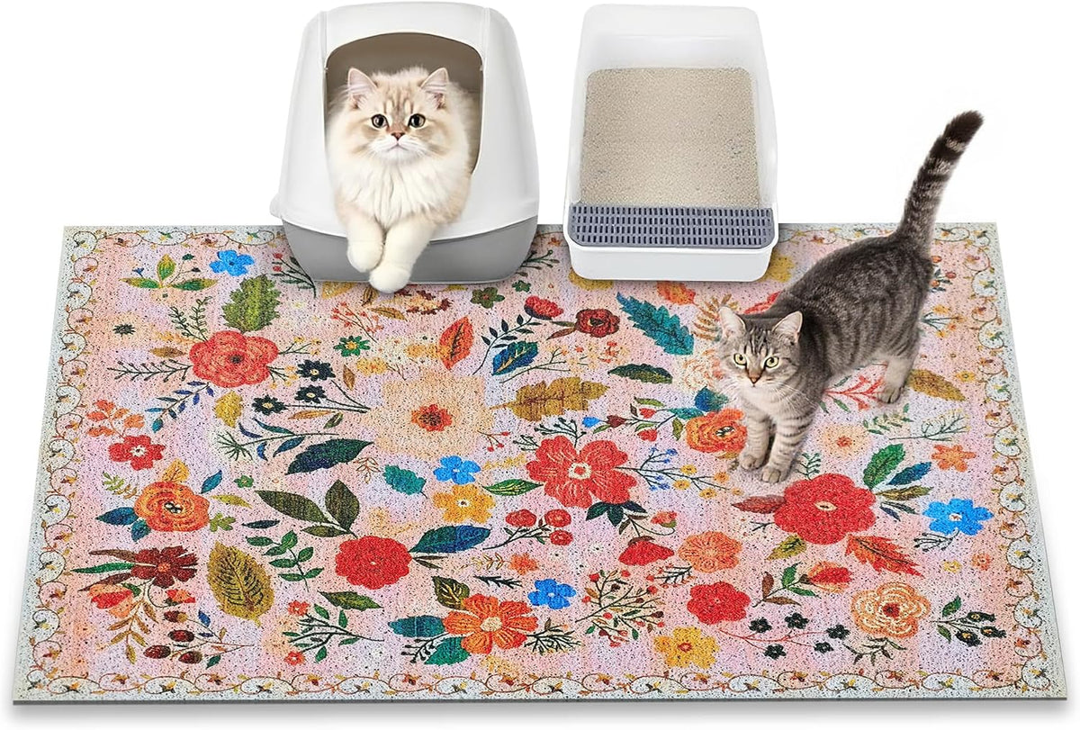 Cat Litter Mat, 24" X 16" Litter Box Mat, Traps 100% Litter, Non-Slip Kitty Litter Trapping Mats, Small Cute Litter Mat, Easy Clean for Scatter Control, Bohe Cat Food Mat, Urine Waterproof