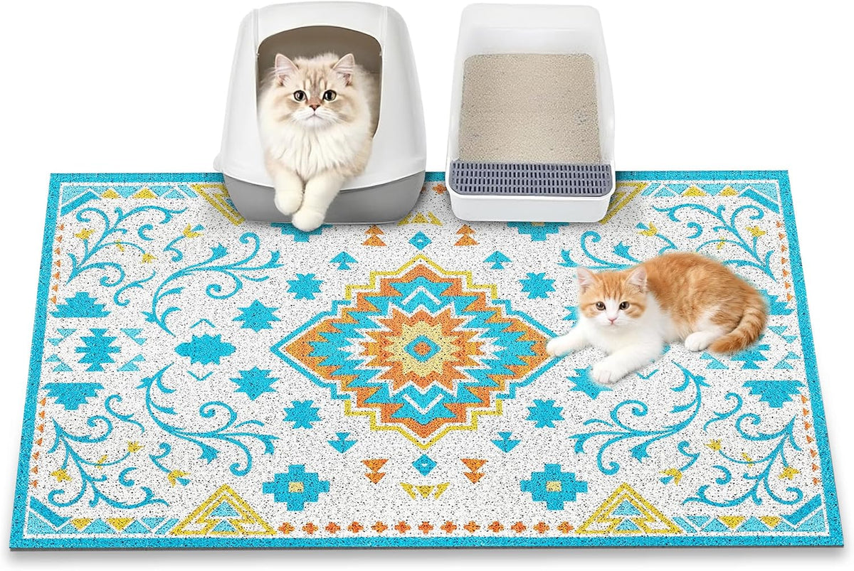 Cat Litter Mat, 24" X 16" Litter Box Mat, Traps 100% Litter, Non-Slip Kitty Litter Trapping Mats, Small Cute Litter Mat, Easy Clean for Scatter Control, Bohe Cat Food Mat, Urine Waterproof