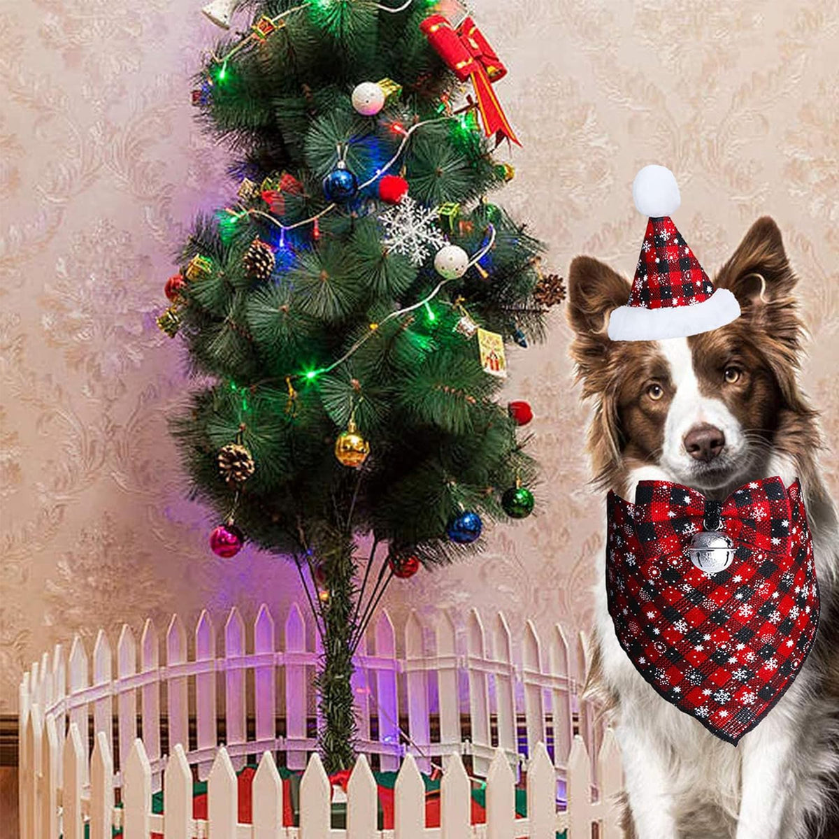 Christmas Snowflake Dog Bandana Costume, Christmas Classic Plaid Snowflake Dog Bandana Scarf Hat Bow Tie with Bell Costume Decoration for Dogs Pets