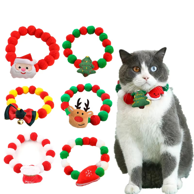 Elastic Plush Pom Ball Pet Collar Christmas Decoration Dog Bowtie Cat Necklace Pet Cat Bow Dog Grooming Accessories