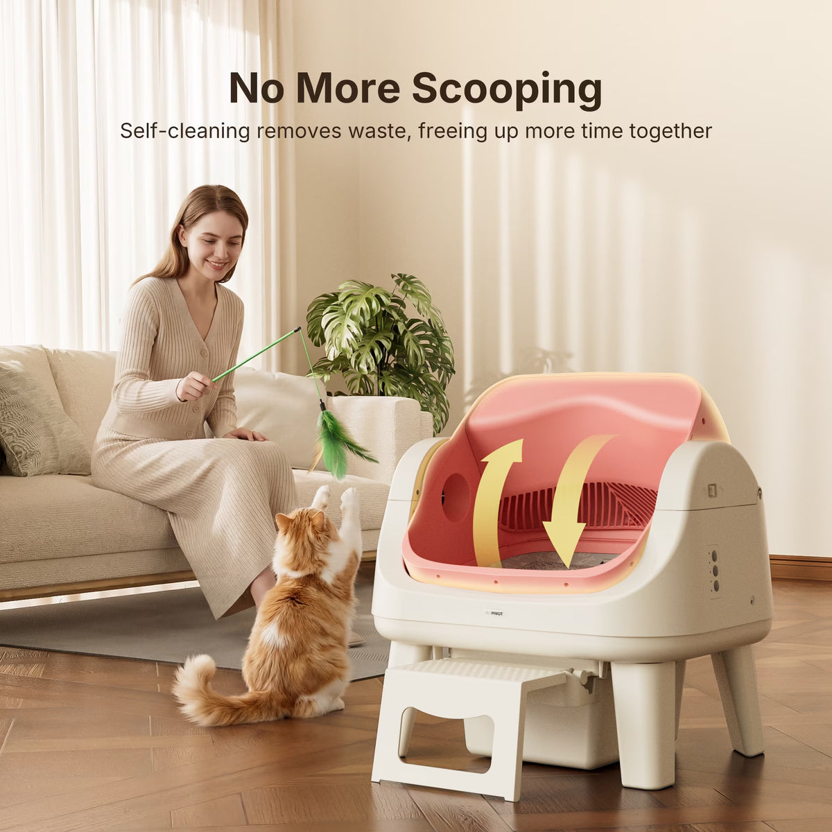 AS12 Automatic Cat Litter Box Self-Cleaning with Safety Protection, Liners, Front Entry Step Included, Pink