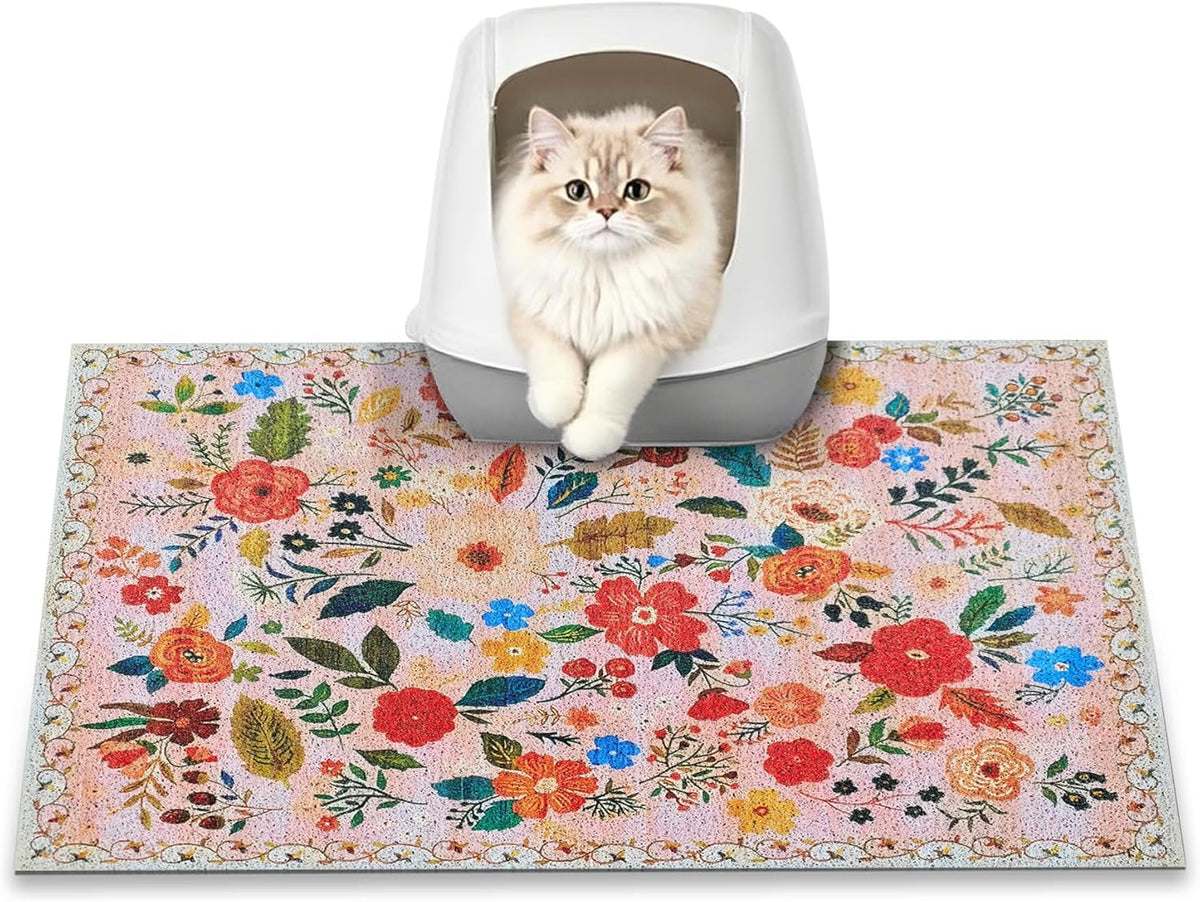 Cat Litter Mat, 24" X 16" Litter Box Mat, Traps 100% Litter, Non-Slip Kitty Litter Trapping Mats, Small Cute Litter Mat, Easy Clean for Scatter Control, Bohe Cat Food Mat, Urine Waterproof