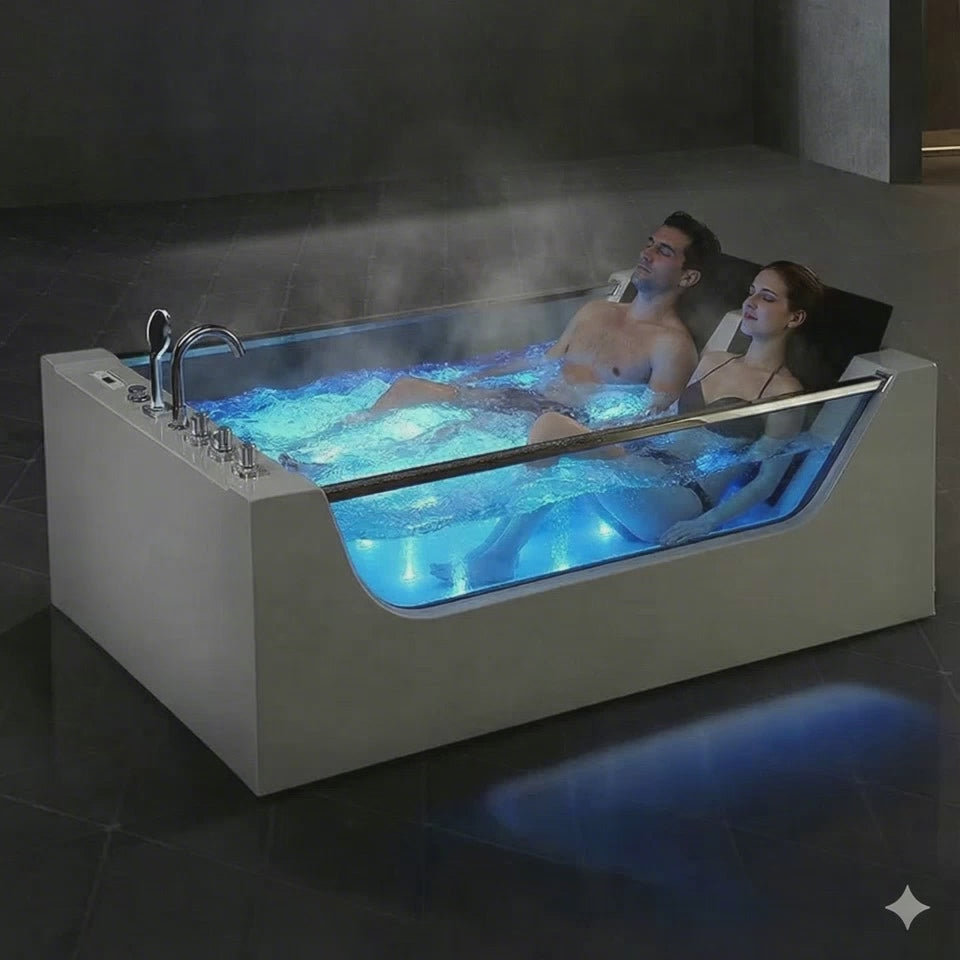 Freestanding Acrylic 2-Person Whirlpool Massage Bathtub with LED Jets